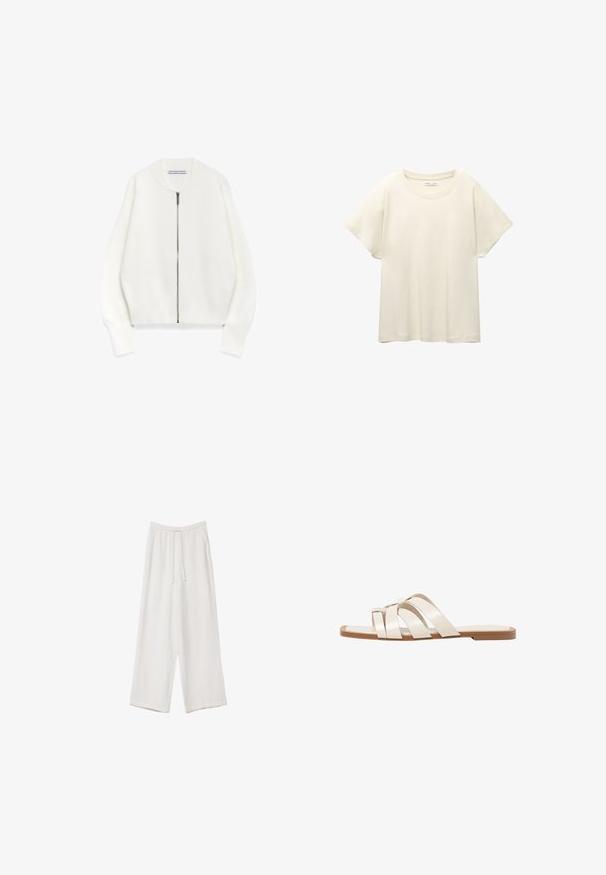 Biała bluza z zamkiem błyskawicznym, okrągłym kołnierzem, opadniętymi ramionami i ściągaczami, wykonana z miękkiego materiału o gładkiej fakturze.; Jasno beżowa, krótko rękawowa koszulka z okrągłym dekoltem, wykonana z miękkiego, gładkiego materiału. Posiada luźny krój i prosty dół.; Białe spodnie o szerokich nogawkach wykonane z lekkiego materiału. Posiadają elastyczny pas z sznurkiem i boczne kieszenie. Gładka tekstura.; Płaskie sandały z brązową gumową podeszwą, zaprojektowane z trzema nakładającymi się na siebie białymi skórzanymi paskami i małym detalem w postaci kokardy na środku.