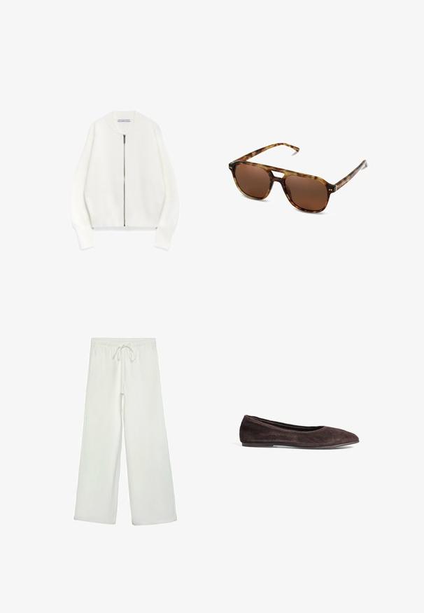 Weißer Reißverschluss-Sweatshirt mit rundem Kragen, fallenden Schultern und gerippten Bündchen, aus weichem Stoff mit glatter Textur.; Weißes T-Shirt mit kurzen Ärmeln aus Baumwolle. Hat einen Rundhalsausschnitt und eine lockere Passform. Glatte Textur ohne sichtbare Muster oder Akzente.; Weiße, weit geschnittene Hose aus weichem Stoff. Mit einem elastischen Bund und einem Kordelzug sowie einer glatten Oberfläche. Keine sichtbaren Muster oder Hardware.; Braune Wildleder-Ballerinas mit spitzem Absatz und niedrigem Profil. Verfügt über eine glatte Textur und ein minimalistisches Design. Keine sichtbaren Beschläge oder Akzente.; Schildpatt-Sonnenbrille mit braunen Gläsern, rechteckiger Form und dünnen Bügeln. Verfügt über subtile metallische Akzente im Gestell.