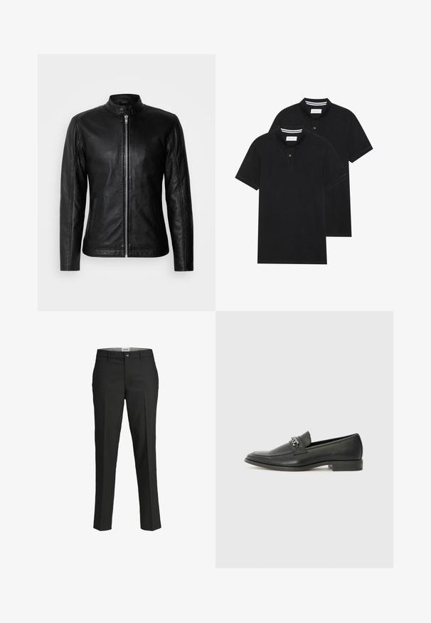 Crna kožna jakna s uzdignutim ovratnikom, prednjim zatvaračem, bočnim džepovima i prilagođenim dizajnom. Glatka tekstura i elegantan završetak.; Dva crna polo majice, kratki rukavi, pamučni materijal, sa klasičnom ovratnikom, čepom sa dva gumba i bijelim prugastim detaljima unutar ovratnika.; Crne hlače, krojene u prilagodljivom fitu, glatka tkanina, srednji struk, prednje kopčanje na dugme, dijagonalni džepovi i pregibi duž nogu.; Crna kožna loafer cipela s glatkom finišem, s ušivenim uzorkom i dekorativnim metalnim lancem preko prednjeg dijela. Ravni potplat.