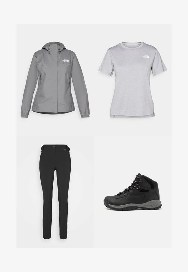 Pilkas vandeniui atsparus švarkas su gobtuvu, turintis elastingus rankogalius, užtrauktuku užsegamas šonines kišenes ir baltą logotipą kairėje krūtinės pusėje. Lygus paviršius.; Pilkas trumpomis rankovėmis marškinėliai, pagaminti iš minkštos, drėgmę sugeriančios medžiagos. Turi apvalią iškirptę ir mažą baltą logotipą viršutiniame kairiajame kampe.; Juodos, prigludusios kelnės, pagamintos iš lankstaus medžiagos. Ypatybės: šoninis kišenės užtrauktuku, suformuotos kelių sritys ir lygi tekstūra.; Juodas žygio botas su vidutinio aukščio dizainu, pasižymintis tekstūruota viršutine dalimi, pilkų akcentų ir patvaria guma padanga su sukibimo gumbais.