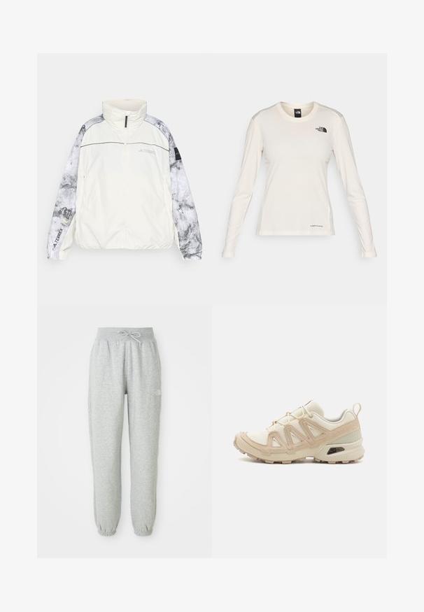 Jaqueta leve Terrex em branco sujo, com mangas cinza estampadas, gola alta, fecho com zíper e punhos elásticos para conforto.; The North Face SHADOW LONG SLEEVE - Camisola de manga comprida - white dune; Calças de moletão cinzentas com um cós elástico e cordão. O tecido é suave, apresentando punhos elásticos nos tornozelos e um detalhe com logótipo.; Sapatilha atlética beige e creme com parte superior em malha texturizada, sobreposições de suporte e sola de borracha com um padrão de cravo para tração.
