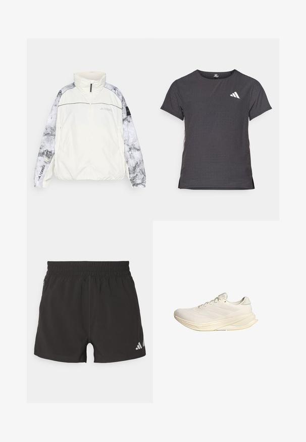 Lahka jakna Terrex v off-white odtenku, ki ima vzorčaste sivo rokave, visok ovratnik, zadrgo in elastične manšete za udobje.; Kratka športna majica s kratkimi rokavi, temno siva z perforirano teksturo. Ima bel logotip in kontrastne stranske črte. Okrogel ovratnik.; Črne atletske kratke hlače iz lahkega materiala. Imajo elastičen pas, stranski žep na zadrgo in odsevni logotip na konici.; Svetlo bež športni copat z mrežno zgornjico, ravnimi vezalkami in oblazinjenim podplatom. Ima zasnovo s tremi črtami na bočni strani.