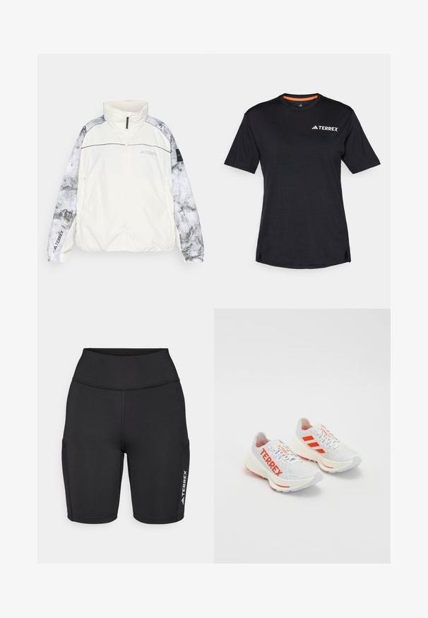 Terrex lagana jakna u boji off-white, s uzorkovanim sivim rukavima, visokim ovratnikom, zatvaranjem na zip i elastičnim manžetama za udobnost.; Crna majica kratkih rukava s okruglim izrezom, koja ima suptilnu melirani teksturu i bijeli logo "TERREX" na gornjoj lijevoj strani.; Crne atletske kratke hlače od rastezljivog materijala, s visokim strukom, bočnim džepovima i bijelim logotipom na jednoj nozi.; Bijele tenisice za trčanje s narančastim detaljima. Mrežasti materijal, zaobljeni vrh i debeli međupodstava. "TERREX" otisnut na bočnoj strani i tri pruge na peti.