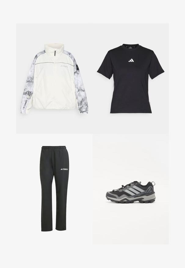 Ľahká bunda Terrex v odtieni off-white, so vzorovanými šedými rukávmi, vysokým golierom, zipsom a elastickými manžetami pre pohodlie.; Čierne tričko s krátkym rukávom vyrobené z mäkkej tkaniny. Obsahuje biele logo Adidas a kontrastné biele pruhy po stranách.; Čierne ľahké nohavice s elastickým pásom. Obsahujú jemné logo „TERREX“ v bielej farbe. Hladká tkanina a strih s rovnými nohavicami.; Čierna a šedá turistická obuv s textúrovaným povrchom, gumovou podrážkou a tromi výraznými šedými pruhmi na boku; obsahuje systém rýchleho šnurovania.