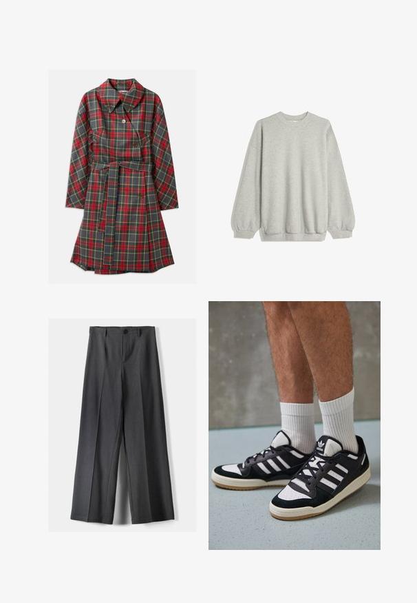 Piros és szürke kockás kabát, gallérral, hosszú ujjal, két gombbal, övvel és zsebekkel. Az anyaga sima textúrájú, kockás mintával.; Szürke pulóver, amely puha anyagból készült, kerek nyakkivágással, hosszú ujjakkal, rugalmas mandzsettákkal és laza fazonnal. Nincsenek minták vagy díszítések.; Széles szárú nadrág sötétszürke anyagból, gombos záródással, elülső redőkkel és övhurkokkal. Simára kialakított textura, igényes szabással.; Fekete-fehér tornacipők velúr és bőr felsőrésszel, három fehér csíkkal, perforált orral és gumi talppal.