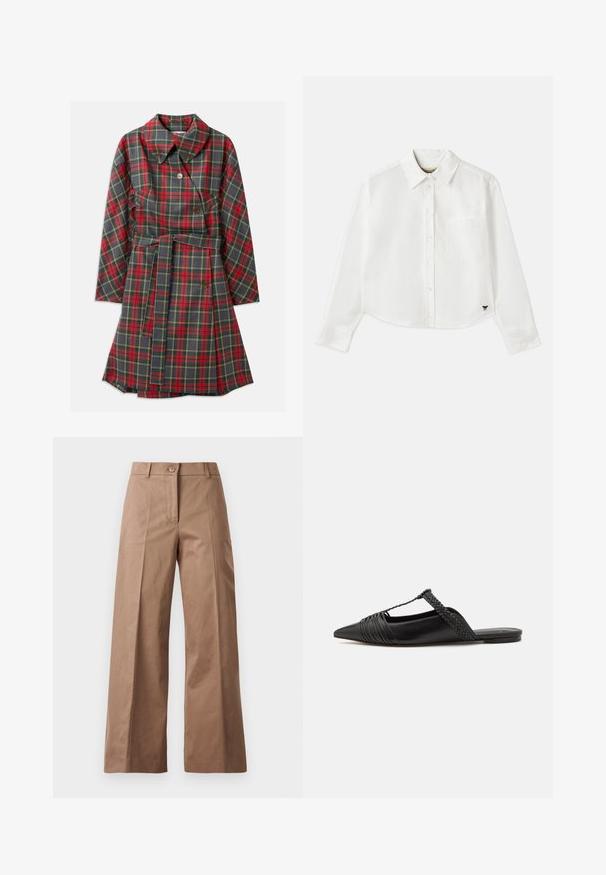 Palton cu carouri roșii și gri, cu guler, mâneci lungi, două butoane, o curea și buzunare. Materialul are o textură netedă cu un model în carouri.; Cămașă albă cropped cu mânecă lungă din bumbac. Prezentă un închizător cu nasturi în față, un buzunar pe piept și un mic logo negru în partea stângă jos.; Pantaloni largi de culoare maronie, confecționați dintr-un material neted, având o închidere cu nasture în față, două buzunare frontale și linii curate, croite.; Pantofii din piele neagră cu curea la spate au vârful ascuțit, prezentând un accent țesut și un design superior pliat. Talpa joasă cu hardware minim.