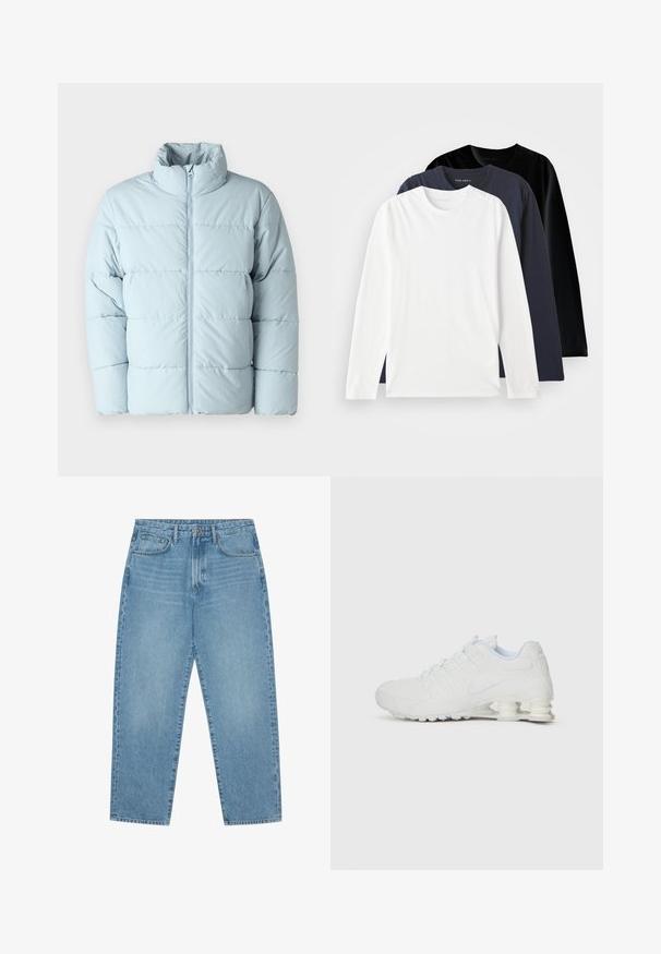 Svetlo modra pufasta jakna z visokim ovratnikom, polnim zadrgo spredaj in prešitim vzorcem. Narejena iz gladkega, toplotno izoliranega materiala.; Tri dolgi rokavi T-majic postavljene: ena bela, ena temno modra in ena črna. Narejene iz gladkega bombaža, z okroglimi izrezi in stranskimi razporki.; Svijetloplavi traper široki traperice s visokim strukom, s pet džepova, petljama za remen i mekom, pomalo izblijedjelom teksturom.; Bele športne čevlje z gladkim sintetičnim zgornjim delom, teksturiranimi detajli in edinstvenim segmentiranim petnim delom za absorpcijo udarcev. Zavezovanje.