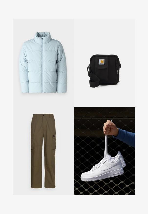 Svetlo modra pufasta jakna z visokim ovratnikom, polnim zadrgo spredaj in prešitim vzorcem. Narejena iz gladkega, toplotno izoliranega materiala.; Bela bombažna majica s kratkimi rokavi, okroglo izrezana in udobnega kroja. Gladka tekstura brez vidnih vzorcev ali dekoracij.; Kargo hlače v olivno zeleni barvi, izdelane iz trpežnega materiala. Imajo dve stranski žepi, standarden pas in ravno obliko nogavic.; Bela usnjena športna obutev s perforacijami, okroglo konico, ravnim podplatom in debelimi vezalkami, z vidnim logotipom smoosh in napisom "AIR" na peti.; Črna torba čez ramo z zadrgo v glavni preddverju, sprednjim žepom, nastavljivim trakom in vidno oznako na pokrovu.