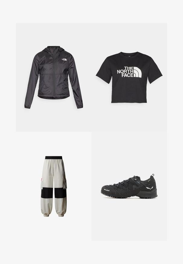 Must musta jope, mis on valmistatud kergest, läikivast materjalist. Sellel on lukuga eesmine osa, kapuuts ja logo vasakul rinnal.; Must must kleidend t-särk, millel on valge logo ja kõverad aktsendid, esiküljel tekst "THE NORTH FACE". Lühikesed varrukad, ümar kaelus.; The North Face HIMALAYAN - Kargopüksid - white dune tnf black; Mustad matkajalatsid tekstuurse kangas ülaosaga, sidumisüsteemiga ja jäiga kummitaldiga. Kaunistatud peegeldavate detailide ja logodega.