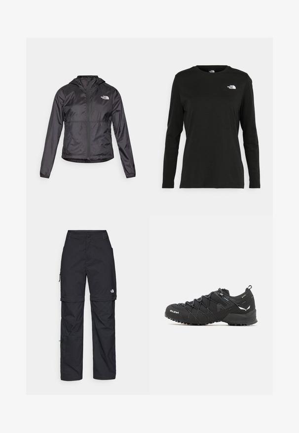 Črna vetrovka iz lahkega, sijočega materiala. Ima zadrgo spredaj, kapuco in logo na levem prsnem delu.; Črna majica z dolgimi rokavi iz bombaža z okroglo izrezom. Ima majhen bel logotip na levem prsnem delu. Enostaven dizajn in prileganje.; Črne najlon hlače z zipom, ki se lahko odstranijo, s prilagodljivimi manšetami, več žepi in logotipom na desni nogi. Gladka, lahka tekstura.; Črne pohodniške čevlje z teksturiranim zgornjim delom iz blaga, sistemom vezalk in trdnim gumijastim podplatom. Opremljeni so z odsevnimi detajli in logotipi.