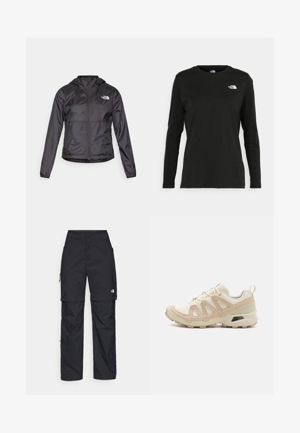 Jachetă neagră de vânt, confecționată dintr-un material ușor și lucios. Dispune de un fermoar frontal, glugă și un logo pe pieptul stâng.; Iarna neagră cu mânecă lungă, din bumbac, cu guler rotund. Prezintă un mic logo alb în zona pieptului stâng. Design simplu și croi lejer.; Pantaloni cargo din nylon negru, cu fermoar detașabil, manșete ajustabile, multiple buzunare și un logo pe piciorul drept. Textură netedă și ușoară.; Pantofii sport bej și crem au un superior din plasă texturată, suprapuneri de susținere și o talpă din cauciuc cu un model de profil pentru aderență.