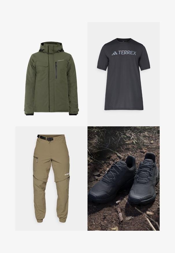 Didriksons STEFAN - Jachetă de iarnă - deep green; Tricou negru cu mânecă scurtă, confecționat dintr-un material ușor, având un logo gri deschis „TERREX” pe piept și un gât rotund.; Pantaloni de exterior khaki, cu o curea ajustabilă neagră, buzunare cu fermoar, mansete conice și picioare inferioare detașabile pentru un stil versatil.; Pantofi sport negri, cu un superior din tricot texturat, vârf întărit și talpă cu amortizare, expuși pe un teren pământos cu crenguțe împrăștiate.