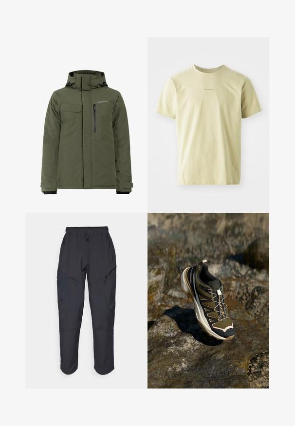 Olivgrüne, isolierte Jacke mit verstellbarer Kapuze, Reißverschluss- und Klappentaschen sowie glatter Textur, geeignet für kalte Wetterbedingungen.; Salomon TRACKLINE TEE - Sport T-Shirt - gray green; Schwarze Cargo-Hosen aus leichtem, wasserabweisendem Material; verfügen über einen elastischen Bund, mehrere Reißverschlusstaschen und schmal zulaufende Beine.; Wanderschuh in Olivgrün und Schwarz mit pinken Akzenten. Verfügt über ein strukturiertes Obermaterial, eine flexible Sohle, eine verstärkte Zehenkappe und ein farbenfrohes Schnürsystem.