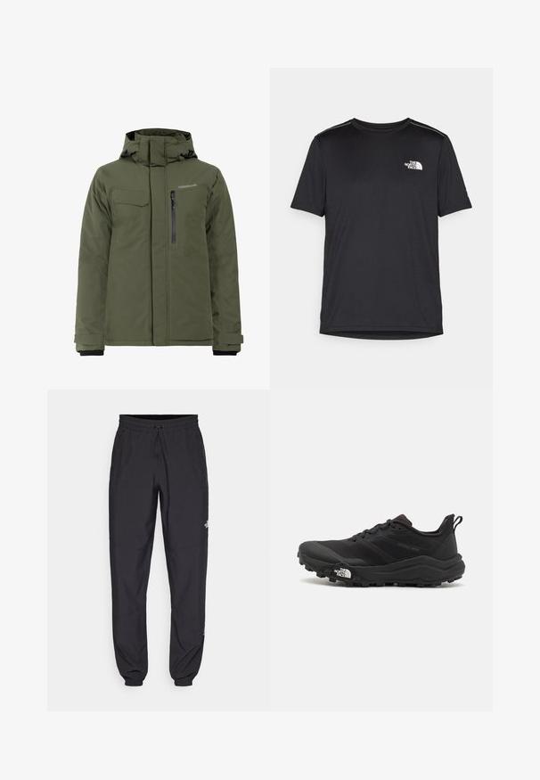 Giacca isolante verde oliva con cappuccio regolabile, tasche con zip e a pattina, e texture liscia, adatta per condizioni climatiche fredde.; T-shirt nero a maniche corte realizzata in tessuto leggero. Presenta un piccolo logo bianco sul lato sinistro del petto e delicati dettagli sulle spalle.; Pantaloni sportivi neri realizzati in tessuto leggero, con vita regolabile con cordino, tasche laterali e orli affusolati alle caviglie.; Scarpa da trail running nera con tomaia texture, suola in gomma e punta rinforzata. Presenta un collare imbottito e un tassello per un indossamento facile.