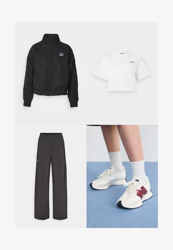 Zwarte zip-up jas met hoge kraag, elastische mouwuiteinden en zoom. Voorzien van het witte Puma-logo. Gemaakt van gladde, lichte stof.; Witte korte mouwen cropped t-shirt met een klein "HOSIE" en Puma logo op de bovenkant van de linkerborst.; Zwarte sportbroek met een brede tailleband, zijzakken en platte naden. Bevat een klein logo op het linkerbeen. Gemaakt van gladde, rekbare stof.; Een paar witte sneakers met bordeauxrode accenten, getextureerde panelen, een platte zwarte buitenzool en lichte veters, gedragen met witte enkelsokken.