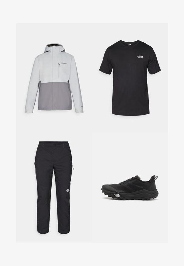 Lys grå og mørk grå vanntett jakke med glidelås lommer på brystet, justerbar hette og elastiske mansjetter. Har en logo på brystet.; Svart kortermet t-skjorte laget av bomull, med rund hals og en liten hvit logo på øvre venstre brystområde.; The North Face WINTER EXPLORATION TAPERED CARGO - Friluftsbukser - black; Svart terrengløpesko med teksturert overdel, gummisåle og forsterket tåhette. Har polstret krage og løftestropp for enkel påkledning.