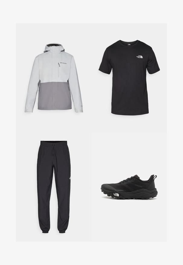 Lys grå og mørk grå vanntett jakke med glidelås lommer på brystet, justerbar hette og elastiske mansjetter. Har en logo på brystet.; Svart kortermet t-skjorte laget av bomull, med rund hals og en liten hvit logo på øvre venstre brystområde.; Sorte idrettsbukser laget av lett stoff, med snor i livet, sidelommer og smale mansjetter ved anklene.; Svart terrengløpesko med teksturert overdel, gummisåle og forsterket tåhette. Har polstret krage og løftestropp for enkel påkledning.
