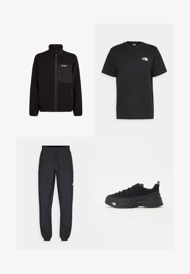 Melnā flīsa jaka ar augstu apkakli, pilnu priekšējo rāvējslēdzēju, krūšu kabatu ar vertikālu rāvējslēdzēju un "O'Neill" logo uz krūšu kabatas.; Melna kokvilnas T-krekls ar īsām piedurknēm, apaļu kakla izgriezumu un mazu balto logotipu kreisajā krūtīs. Vienkāršs dizains, gluda tekstūra un brīvs piegriezums.; Melni sporta bikses, kas izgatavotas no viegla auduma, ar savelcamu jostu, sānu kabatām un sašaurinātiem apakšējiem galiem pie potītēm.; Melni āra sporta apavi ar zamšādas virsu, teksturētu gumijas zoli un izturīgu auklu sistēmu. Iezīmēts ar pastiprinātu papēdi un zīmola logo sānu daļā.