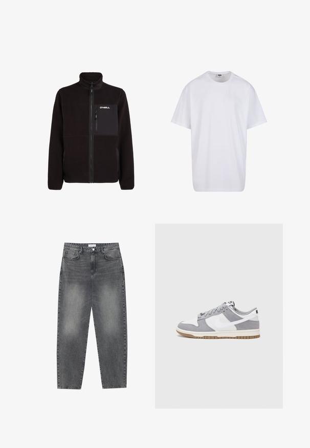 Zwarte fleece jas met hoge kraag, volledige rits aan de voorkant, borstzak met verticale rits en 'O'Neill' logo op de borstzak.; Witte katoenen t-shirt met korte mouwen, ronde hals, relaxte pasvorm en zonder zichtbare logo's of patronen. Gladde textuur en minimalistisch ontwerp.; Hoge taille, losvallende jeans van vervaagd zwart denim. Beschikt over vijf zakken, riemlussen en een schone, rechte broekspijp ontwerp.; Grijze en witte sneaker met een bovenwerk van suede en leer, ronde neus, platte veters en een rubberen zool met een gumaccent.