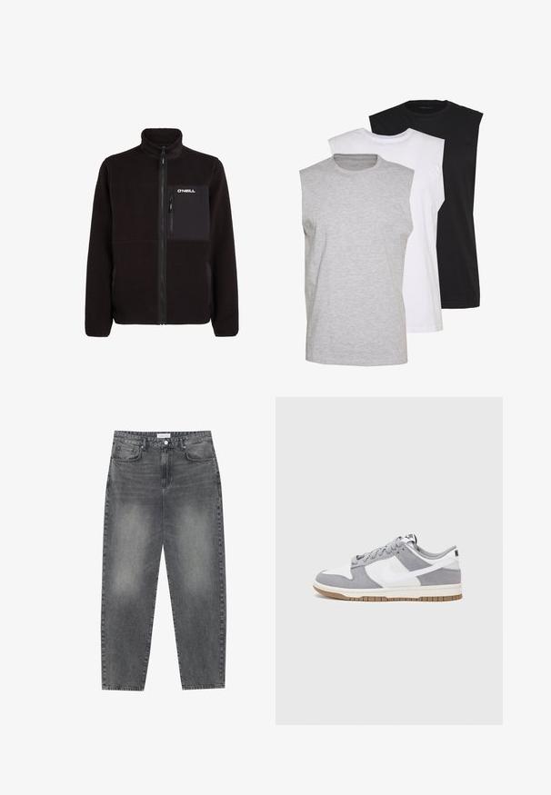 Čierna fleecová bunda s vysokým golierom, plným predným zipsom, náprsné vrecko s vertikálnym zipsom a logom "O'Neill" na náprsnom vrecku.; Tričko bez rukávov v šedé, bílé a černé barvě. Měkký bavlněný materiál s kulatým výstřihem a volným střihem. Jednoduchý design, bez vzorů.; Vysoké, voľné džínsy z vyblednutého čierneho denimu. Obsahujú päť vreciek, pútka na opasok a čistý, rovný strih nohavíc.; Sivé a biele tenisky s vrchom z semišu a kože, zaoblenou špičkou, plochými šnúrkami a gumovou podrážkou s akcentom vo farbe gumy.