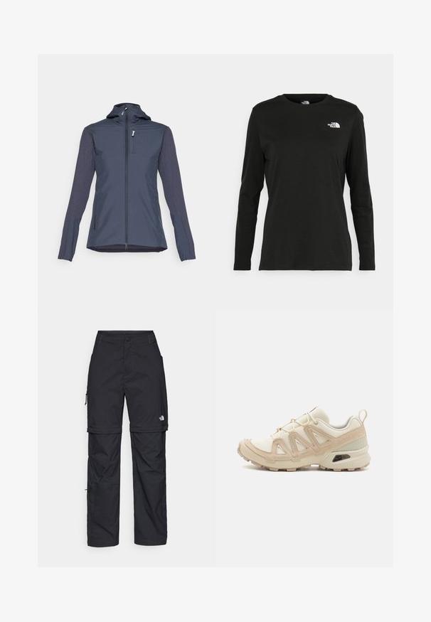 Tumesinine jope, millel on tõmblukk, kapuuts ja pikad varrukad. Omab kontrastset tekstuurset kangast varrukatel ja rinnaTaskul.; Must mustahiheline T-särk, millel on pikad varrukad, valmistatud puuvillast ja ümarast kaelusest. Vasakul rinnal on väike valge logo. Lihtne disain ja sobivus.; Mustad nailonist valmistatud eemaldatavad cargo-püksid, reguleeritavate pahkluudega, mitmete taskutega ja paremal jalal logoga. Sile, kerge tekstuur.; Beež ja koobalti spordijalats tekstureeritud võrkkattega, toetavad ülemised kihid ja kummist tallaga, millel on mustriga joonistus haardeks.