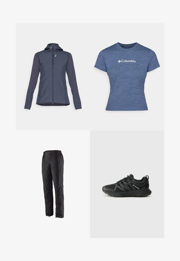 Marinejakke med glidelåsför, hette og lange ermer. Har kontrasterende teksturert stoff på ermene og en brystlomme.; Blå kortermet t-skjorte laget av teksturert stoff, med en hvit Columbia-logo på brystet, rund hals og tettsittende design.; Svarte vanntette bukser med elastisk midje, sidelommer med glidelås, tapered ben og glatt tekstur. Passer for utendørs aktiviteter.; Columbia PEAKFREAK - Fjellsko - black