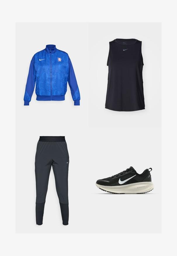 Sinine lukuga jakk tekstuuriga mustriga, millel on "LONDON" ja "CFC", Nike'i logo, kõrge krae ja elastsed mansetid.; Must musta Nike ilmaotsega sportlik tank top, mis on valmistatud siledast kangast, ümarate kaelustega ja väikese logoga rinnal.; Nike spordipüksid tumeshallis, kitsa jala disainiga, elastse vöökoha ja aktsentdetailidega pahkluude lähedal.; Musthave mustus Nike jooksujalats, millel on hingav võrgust ülemine osa, valge swoosh logo, tekstuuriga detailid ja kreemja värvusega ZoomX vahevöö.