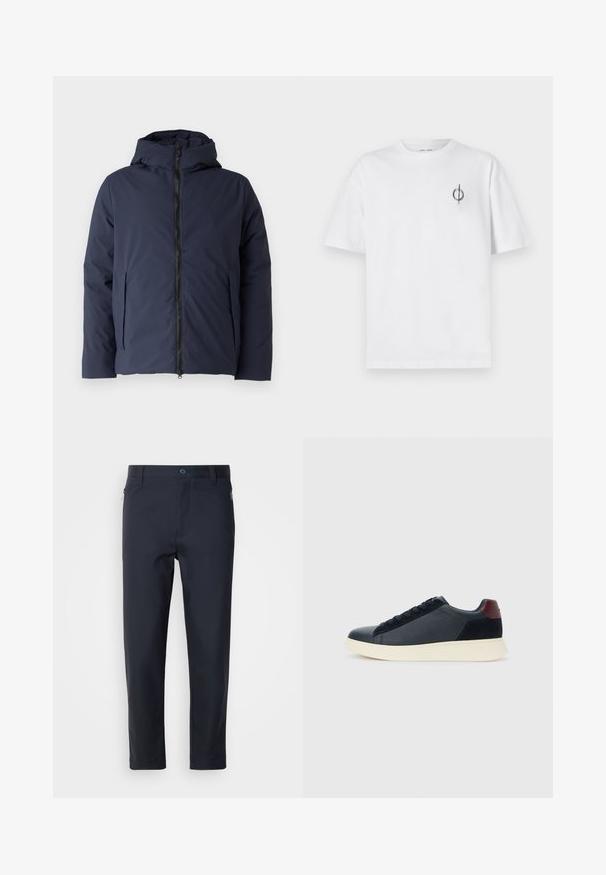 Jachetă izolată de culoare bleu marin, cu fermoar în față, glugă și buzunare laterale. Textură netedă, cu un design aerodinamic.; Tricou alb din bumbac cu o croială lejeră, având un mic logo grafic negru în zona stângă a pieptului. Mâneci scurte, stil guler rotund.; Pantaloni ajustați bleu marina dintr-un material neted, cu un buzunar cu fermoar, picioare drepte și o închidere cu nasture la talie.; Sneakeruri pentru bărbați, cu talpă joasă, din piele neagră și suede, cu tab cuum maron și talpă din cauciuc alb, văzute din partea exterioară.
