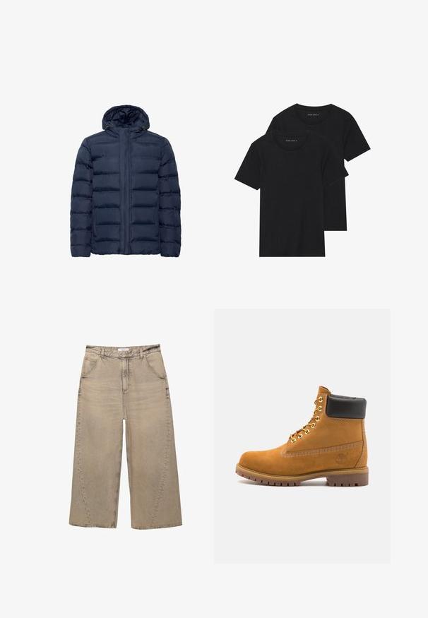 Tummansinen pehmitetty takki hupulla, jossa on vaakasuoria tikkauksia, edessä vetoketjukiinnitys ja kaksi sivutaskua. Pehmeä rakenne.; Kaksi mustaa puuvillapaitaa lyhyillä hihoilla, pyöreällä kauluksella ja sileällä pinnalla, esillä päällekkäin.; PULL&BEAR MEGA BAGGY - Baggy-farkut - light grey; Valkoinen nahkainen nilkkuri mustalla pehmustetulla kauluksella, kultaisilla metallisilla rei'illä, valkoisella ompeluksella ja jykevällä kumipohjalla, jossa on selvästi näkyvät urat.