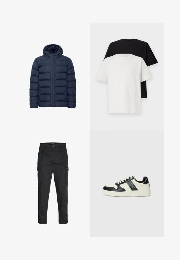 Marineblå polstret jakke med hætte, med horisontale quiltede sektioner, frontlynlås og to sidelommer. Blød tekstur.; Sæt af bomulds T-shirts bestående af en sort top og en hvid top, begge med korte ærmer, rund halsudskæring og standard pasform. Tekstureret stof.; Sorte cargo-bukser lavet af slidstærkt stof, der har flere lommer, en knaplukning og et slim fit design med smalle ben.; Lædersneakers i sort og creme farveskema, med perforerede detaljer, en polstret krave og en struktureret ydersål.