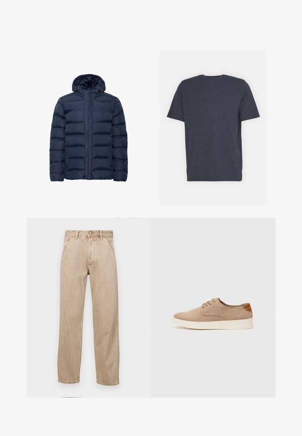 Sötétkék párnázott dzseki kapucnival, vízszintes steppeléssel, elülső cipzárral és két oldalsó zsebbel. Puha tapintású.; Sötétkék, kerek nyakú póló, puha pamut keverék anyagból készült, rövid ujjú és normál szabású. Nincsenek látható minták vagy díszítések.; Beige színű farmernadrág egyenes fazonnal, elülső zsebekkel, fém gombos záródással és diszkrét textúrával.; Beige velúr sportcipő, kerek orral, fűzős elülső résszel és textúrált hátsó részlettel. Fehér gumitalp kontrasztot ad. Egyszerű és modern design.