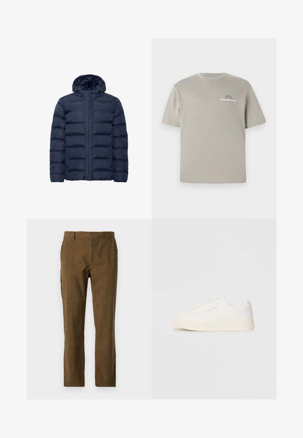 Marineblå polstret jakke med hætte, med horisontale quiltede sektioner, frontlynlås og to sidelommer. Blød tekstur.; Lys grå bomulds T-shirt med korte ærmer, rund halsudskæring og et lille "ATHLETIC CLUB" grafik på brystet. Glat tekstur.; Brune fløjlsbukser med lige pasform, der har lodrette ribber, en knaplukning foran og sidelommer for ekstra funktionalitet.; Hvide slip-on sneakers med en struktureret overflade, en tyk sål og et minimalistisk design. Har brandlogoet på siden.