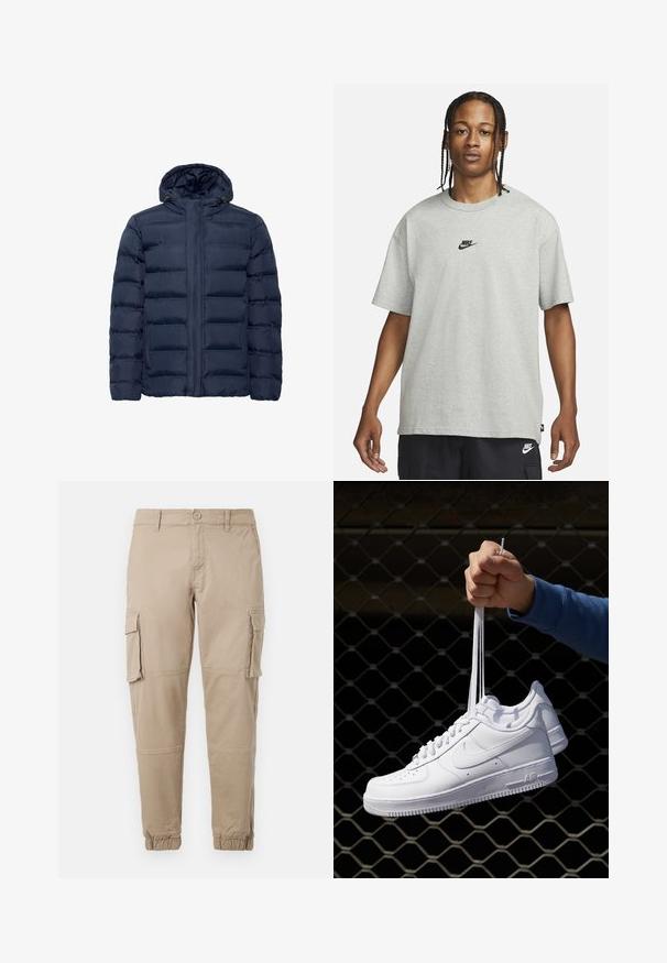 Temno modra podložena jakna s kapuco, z vodoravnimi prešitimi odseki, sprednjim zadrgo in dvema stranskima žepoma. Mehka tekstura.; Mlad človek z zasebnimi lasmi, oblečen v svetlo sivo majico Nike in črne kratke hlače Nike pred enostavno belo kuliso.; Bežne cargo hlače iz lahkega bombažnega materiala. Imajo elastične manšete, več stranskih žepov in gumbasto zapiranje.; Bela usnjena športna obutev s perforacijami, okroglo konico, ravnim podplatom in debelimi vezalkami, z vidnim logotipom smoosh in napisom "AIR" na peti.