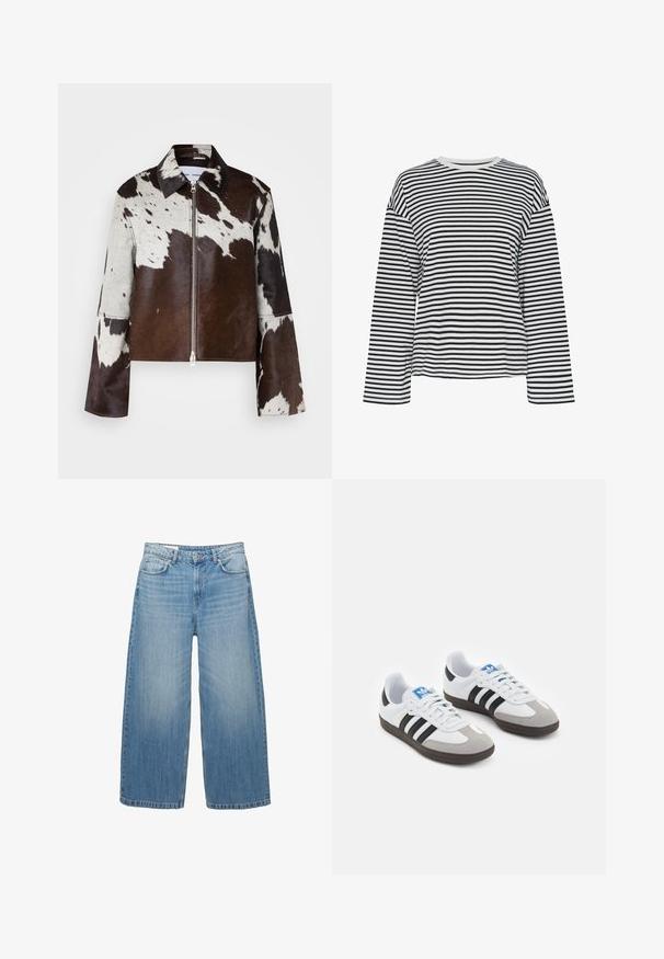 Giacca corta in pelle di mucca con un motivo patchwork marrone e bianco. Caratterizzata da un colletto affilato e una chiusura con zip sul davanti.; Maglietta a maniche lunghe a righe bianche e nere con scollo a giro. Tessuto morbido, vestibilità comoda e dettagli a contrasto sul colletto.; Jeans a gamba larga di un blu chiaro in denim, con un classico design a cinque tasche e chiusura con bottone. Texture scolorita in tutta la superficie.; Scarpe sportive con tomaia in pelle bianca, punta in suede grigia e tre strisce nere. Presentano un logo blu sulla linguetta e una suola in gomma testurizzata.