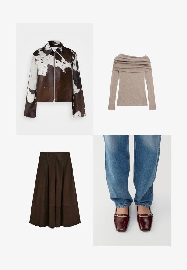 Cropped jacket made of cowhide leather with a brown and white patchwork pattern. Features a sharp collar and a front zipper closure.; Long-sleeve, off-the-shoulder top in a light taupe color. Made from soft fabric with a draped neckline and fitted sleeves.; Brown suede midi skirt with a flared design and vertical seam detailing, featuring a smooth texture and a wide hemline.; Burgundy patent leather shoes with a square toe and ankle strap, paired with light blue loose-fit jeans. The shoes have a glossy finish.