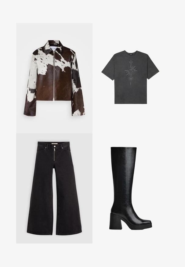 Cropped jacket made of cowhide leather with a brown and white patchwork pattern. Features a sharp collar and a front zipper closure.; Dark gray oversized t-shirt made of cotton, featuring a central sun graphic with intricate line details printed on the front.; Wide-leg jeans in black denim with a zippered front, five-pocket design, and subtle stitching details. Smooth texture and casual style.; Black knee-high boot made of textured synthetic material, featuring a square toe, chunky high heel, and smooth, sleek surface.