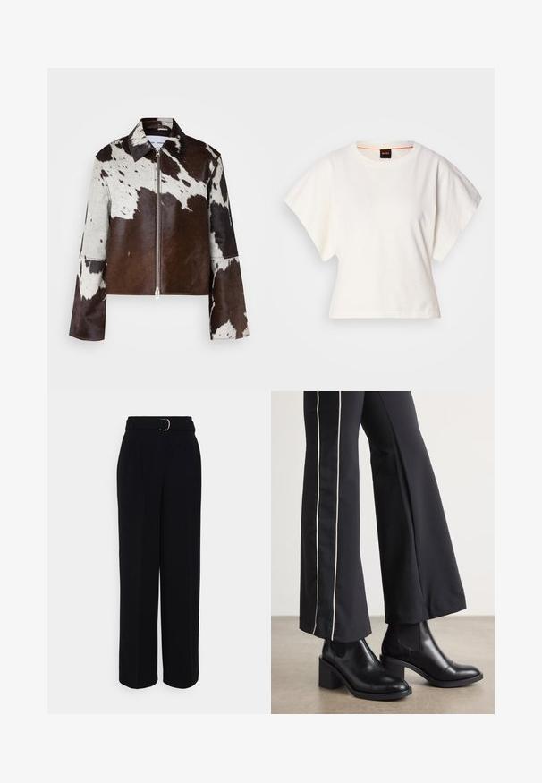Chaqueta recortada de cuero de vaca con un patrón de parches en marrón y blanco. Presenta un cuello afilado y un cierre delantero con cremallera.; Camiseta blanca recortada, con mangas cortas y anchas, material de algodón suave, cuello redondo con un sutil ribete naranja, diseño minimalista, sin patrones ni gráficos.; Pantalones negros ajustados con una silueta de pierna ancha, que incluyen un cinturón con hebilla de plata, pliegues y una textura de tela suave.; Botines de cuero negro con tacón cuadrado, con paneles laterales elásticos. Combinados con pantalones negros que tienen una franja blanca lateral.