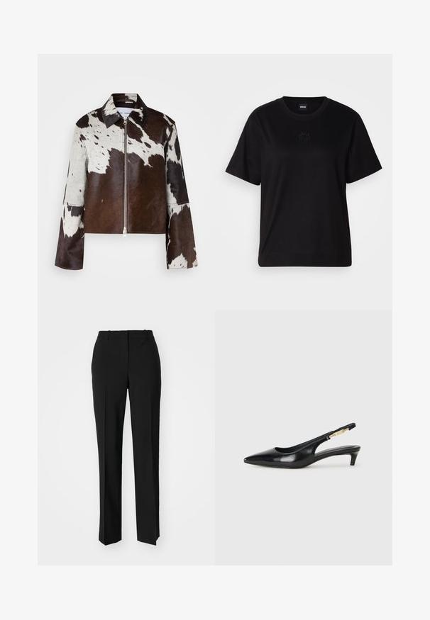 Veste courte en cuir de vache avec un motif patchwork brun et blanc. Comprend un col pointu et une fermeture à glissière à l'avant.; T-shirt en coton noir avec un col rond, des manches courtes et un logo brodé sur la poitrine. Coupe simple et décontractée sans motifs.; Pantalon noir ajusté avec une coupe droite, présentant une texture lisse et des plis nets sur le devant. Aucune quincaillerie visible.; Talons hauts en cuir noir avec un bout pointu, dotés d'un talon fin et d'un accent en ton or sur la lanière réglable. Texture lisse.