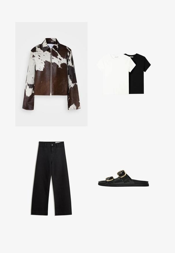 Korte jas van rundsleder met een bruin en wit patchworkpatroon. Voorzien van een scherpe kraag en een ritssluiting aan de voorkant.; Twee t-shirts met korte mouwen, één wit en één zwart, gemaakt van katoen. Beide hebben een ronde halslijn en een eenvoudig, klassiek ontwerp.; Zwarte denim broek met wijde pijpen en een hoge taille, voorzien van voor- en achterzakken, gestikte naden en een knoopsluiting. Gladde textuur.; Zwarte slipper met twee gouden gesps, gladde textuur, platte zool en een minimalistisch ontwerp.