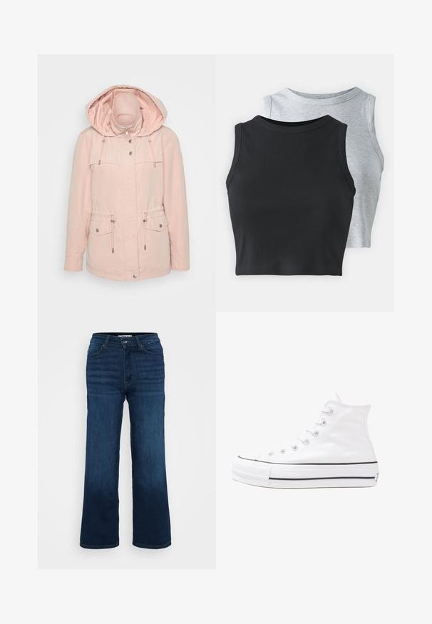 ONLY Petite ONLNEWSTARLINE SPRING - Parka - rose smoke; Even&Odd Petite 2 PACK - Top - light grey/black; ONLY Petite ONLMADISON BLUSH WIDE - Wide leg - dark blue denim; Bílé vysoké plátěné tenisky s černou gumovou podrážkou, přední gumovou špičkou a šesti očky na tkaničky, se čistým, minimalistickým designem.