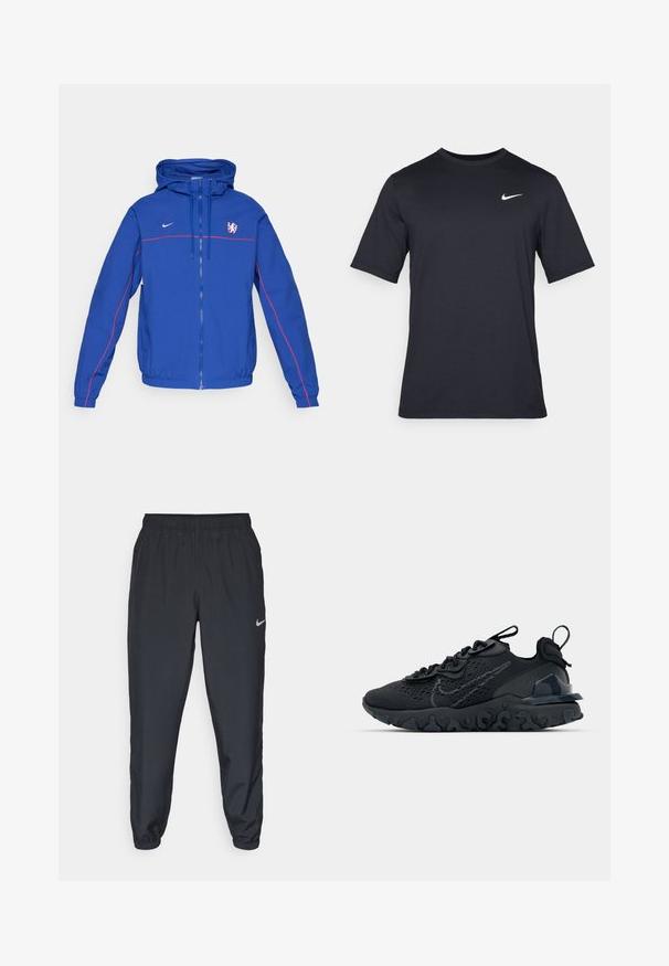 Sinine Nike tuulejakk kapuutsiga, millel on punased aktsendid ja logo. Jakk on varustatud tõmblukuga ning elastsete mansettide ja äärega.; Must tume musta Nike t-särk, mis on valmistatud siledast kangast, valge swoosh logo vasakul ülanurgas, ümar kaelus.; Kerged mustad spordipüksid, mis on valmistatud kerge kangaga, elastse vöökoha, pahkluude mansettide ja diskreetse Nike logo abil vasakul külgedel.; Must mustreesne tossudega, millel on hingav võrkmaterjalist pealis, tekstureeritud detailid ja laineline kummist tallaosa. Omab peegelduvat logo ja sidumise süsteemi.