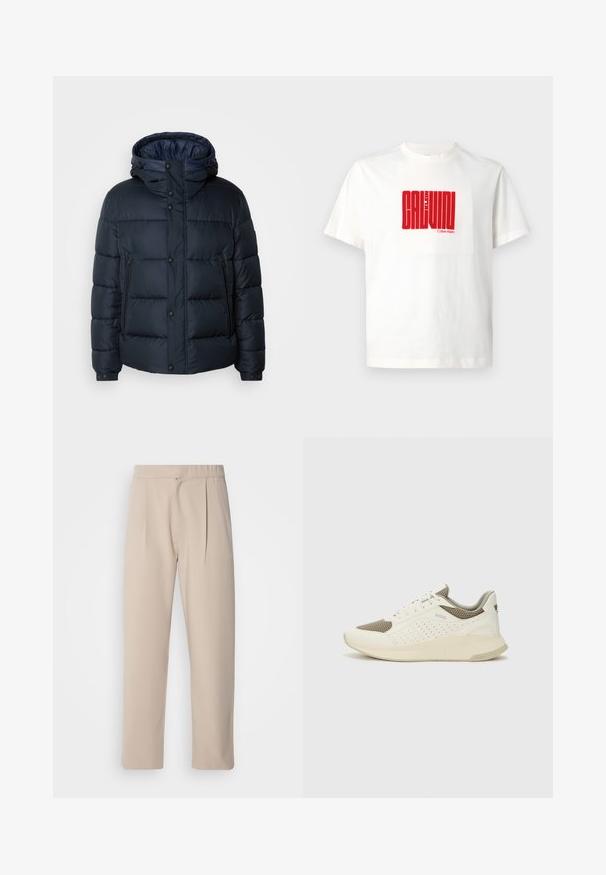 Tamsiai mėlynas pūkinis švarkas su kapišonu, siūtas dizainas, priekinis užtrauktukas ir mygtukų uždarymas, dvi šoninės kišenės ir elastingi rankogaliai.; Balta medvilninė marškinėliai su dideliu raudonu grafiniu spaudiniu "CALVIN KLEIN" priekyje, apvaliu iškirpimu ir trumpomis rankovėmis.; Šviesiai rudos, klostuoti kelnių, pagaminti iš minkštos medžiagos. Turi elastingą juosmenį, tiesias kojas ir lygų paviršių. Be kišenių ar akcentų.; Baltas ir šviesiai bežinis sportinis kedas, su tinklo viršumi, perforuotais detalėmis ir tekstūruotu tarpine su logotipu ant kulno.