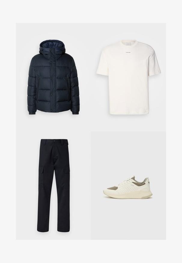 Tamsiai mėlynas pūkinis švarkas su kapišonu, siūtas dizainas, priekinis užtrauktukas ir mygtukų uždarymas, dvi šoninės kišenės ir elastingi rankogaliai.; Balta medvilninė marškinėlių suapvalintu kaklu, trumpomis rankovėmis ir siuvinėtu "Calvin Klein" logotipu krūtinės centre. Paprastas dizainas.; Juodi cargo kelnės, pagamintos iš tvirto audinio, su tiesiu kirpimu, dviem šoninėmis kišenėmis ir mygtukiniu užsegimu juosmenyje.; Baltas ir šviesiai bežinis sportinis kedas, su tinklo viršumi, perforuotais detalėmis ir tekstūruotu tarpine su logotipu ant kulno.