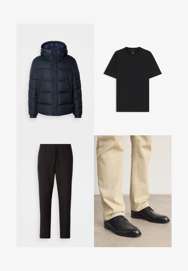 Navy puffer jacket with a hood, quilted design, front zip and snap closures, two side pockets, and elasticized cuffs.; Black short-sleeve T-shirt made from a smooth cotton blend, featuring a crew neckline and a minimalistic design with no patterns or accents.; Black jogger pants made of smooth fabric. Feature an elastic waistband with a drawstring, tapered legs, and no visible pockets. Simple design.; Black leather lace-up shoes with a rounded toe, smooth finish, and subtle stitching details, worn with light beige pants.