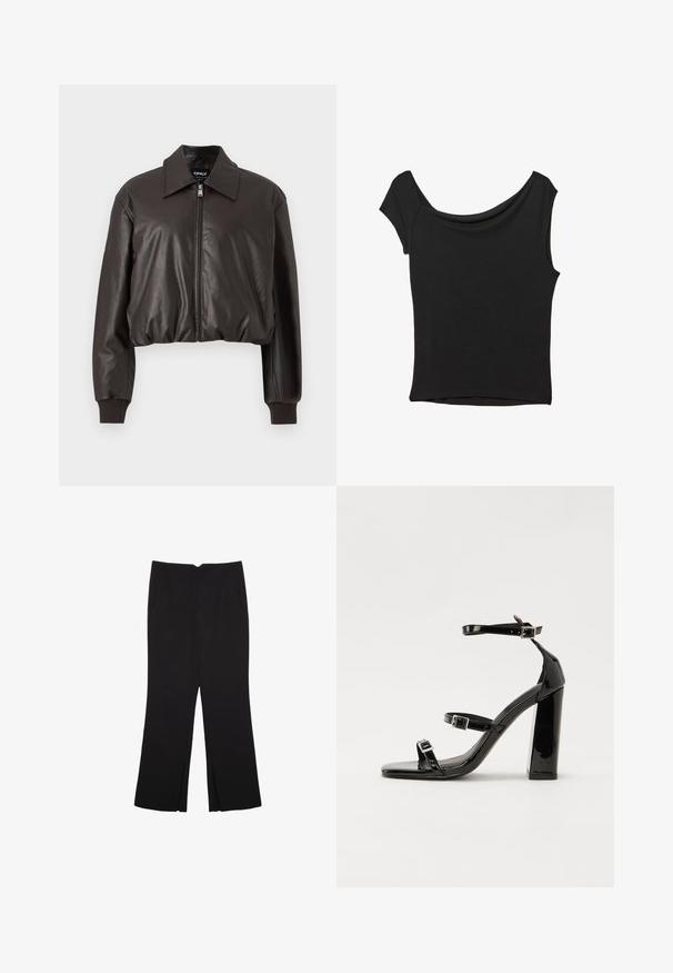 Brown cropped leather jacket with a smooth texture, a wide collar, a front zipper, and ribbed cuffs. Features a relaxed fit and minimal design.; Black short-sleeve top made of smooth fabric; features a draped neckline and an asymmetrical hemline, with a fitted body.; Black trousers with a straight fit, featuring front pockets and side slits at the hem. Made of soft, smooth fabric. Suitable for various occasions.; Black patent heeled sandals with a square toe, ankle straps, and silver buckles. Features a chunky block heel for stability.