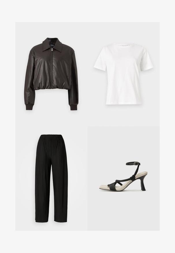 Veste en cuir marron cropped avec une texture lisse, un large col, une fermeture éclair sur le devant et des poignets côtelés. Elle présente une coupe décontractée et un design minimaliste.; T-shirt en coton blanc à manches courtes, col rond et coupe décontractée. Texture lisse, sans motifs ni accents, design minimaliste.; Pantalons larges plissés noirs avec une taille élastique. Le tissu présente des plis verticaux et une texture lisse.; Sandale à talon noir avec un design de brides tressées, bout carré et bride de cheville réglable. Semelle intérieure beige claire avec un talon noir brillant.