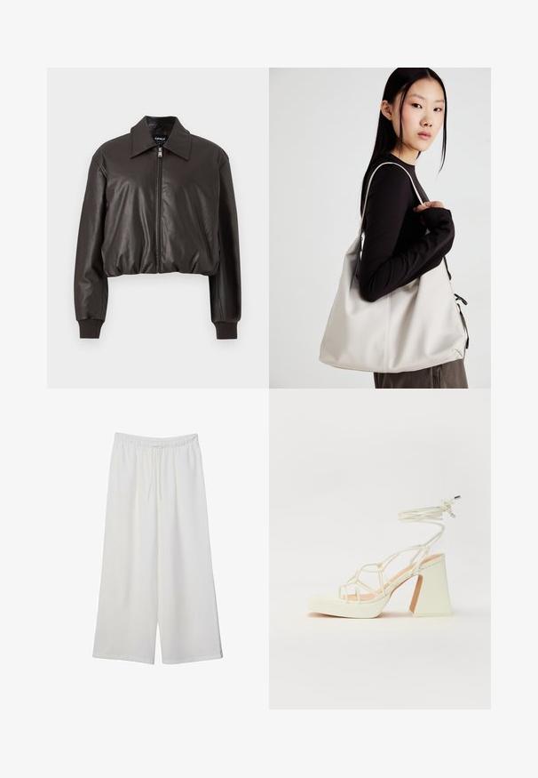 Hnědá zkrácená kožená bunda s hladkou texturou, širokým límcem, předním zipem a žebrovanými manžetami. Nabízí uvolněný střih a minimalistický design.; Bílý dlouhý rukáv tričko vyrobené z jemného žebrovaného materiálu, s kulatým výstřihem a rovně střiženým spodním lemem. Jednoduchý, jednobarevný design.; Bílé kalhoty s širokými nohavicemi vyrobené z lehké tkaniny, s elastickým pasem a stahovací šňůrkou pro nastavitelnou velikost. Hladká textura.; Bílé sandály na vysokém podpatku s robustním podpatkem, s designem s pásky a zavazováním kolem kotníku. Hladký povrch s platformou vpředu pro zvýšení výšky.; Beige kabelka vyrobená z měkkého materiálu, s volným designem, prošívanými detaily a dvěma ramenními popruhy. Vhodná pro každodenní použití.