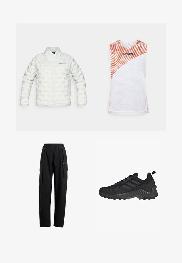 Valkoinen puhvitakki, jossa on tikattu kuvio, napituskoodi ja korkea kaulus. Takissa on "TERREX"-logo vasemmassa rinnassa.; Valkoinen hihaton urheilupaita, jossa on oranssit viistot raidat, teksturoitu pinta ja "TERREX"-logo yläosassa edessä.; Musta cargo-housut, joissa on joustava vyötärö, kaksi sivutaskua ja hieman kapeneva lahje. Valmistettu kevyestä materiaalista.; Musta urheilujalkine, jossa on verkkomateriaali ylhäällä, kolme raitaa, muotoiltu kanta ja kestävä pohja, jossa on voimakkaat pito-pinnat.