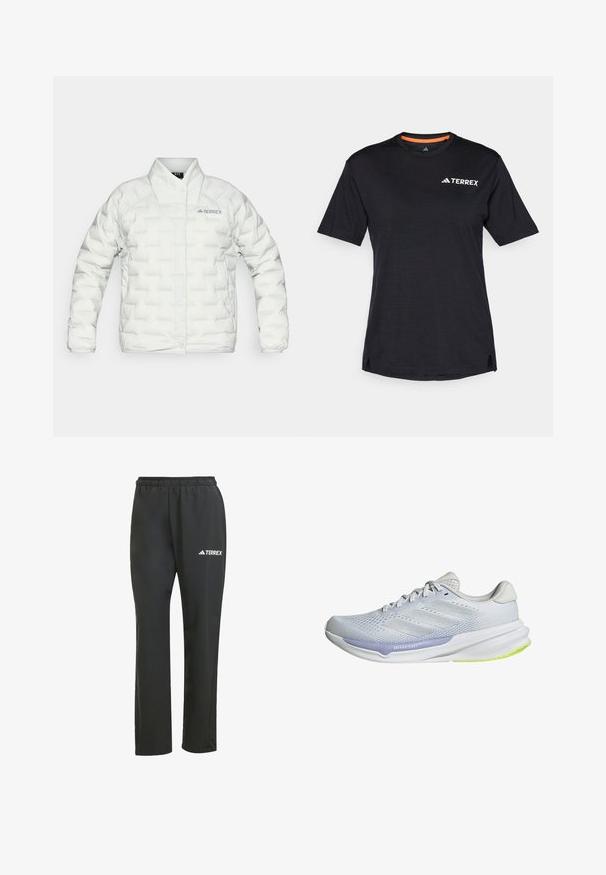 Hvid pufferjakke med quiltet mønster, trykknaplukning og høj krave. Har "TERREX"-logoet på venstre bryst.; Sort kortærmet T-shirt med rund halsudskæring, der har en subtil meleret tekstur og hvid "TERREX"-logo på den øverste venstre side.; Sorte letvægtsbukser med elastisk talje. Har et diskret "TERREX" logo i hvid. Glat stof og lige ben-design.; Hvid sportsko med en åndbar mesh-overdel, tekstureret design og lavendel accent. Har en polstret sål med grønne såldetaljer.