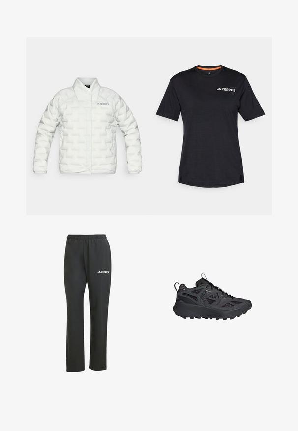 Bijela puff jakna s kvadratnim uzorkom, kopčanjem na dugmad i visokim ovratnikom. Sadrži "TERREX" logotip na lijevoj strani prsnog koša.; Crna majica kratkih rukava s okruglim izrezom, koja ima suptilnu melirani teksturu i bijeli logo "TERREX" na gornjoj lijevoj strani.; Crne lagane hlače s elastičnom trakicom u struku. Imaju suptilan bijeli “TERREX” logo. Glatka tkanina i ravni kroj.; Crne atletske tenisice s prozračnim mrežastim gornjim dijelom, teksturiranim preklopima i debelim, čvrstim potplatom dizajniranim za prianjanje i podršku.